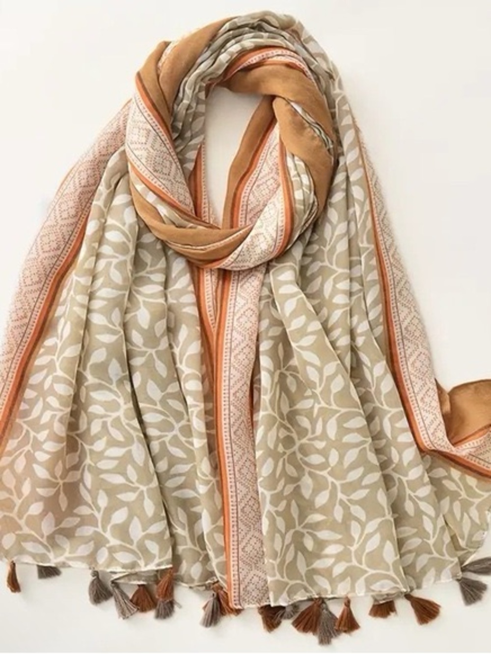 Cotton Lightweight Tassel Scarf Wrap in Beige and Orange